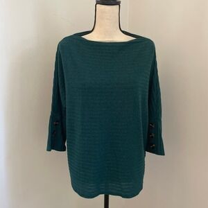 Parallel Skies Ribbed Knit Boat Neck 3/4 Sleeve Top Large Button Y2K Soft Layers